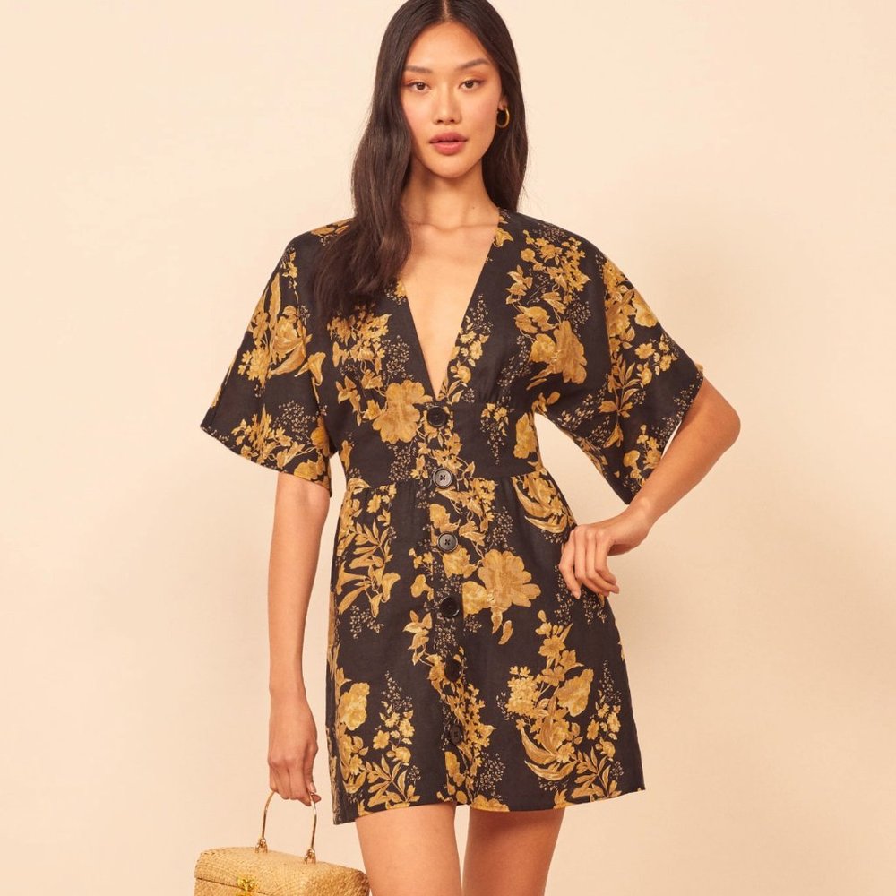 Reformation Ty Floral Deep V Neck Kimono Mini Dress NWOT
